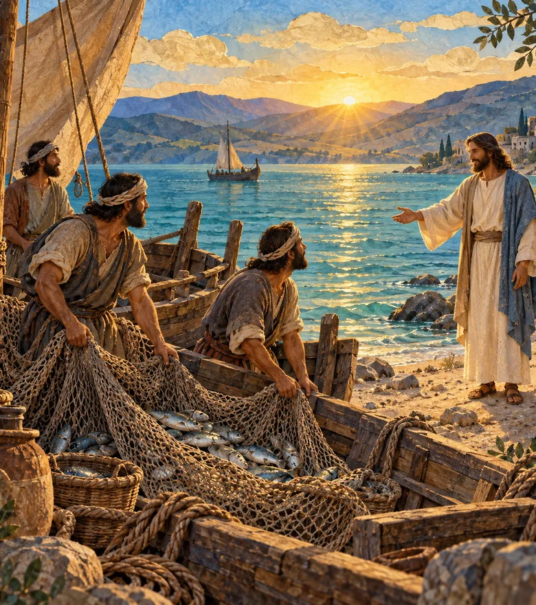 Storybook illustration of Jesus beside the Sea of Galilee, with fishermen and boats at sunset